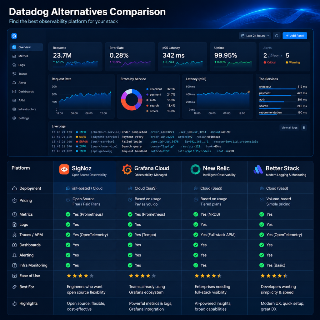 Datadog 替代品推荐：SigNoz vs Grafana Cloud vs New Relic vs Better Stack，2026 谁更适合你？