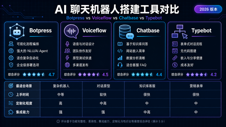 AI 聊天机器人搭建工具怎么选：Botpress vs Voiceflow vs Chatbase vs Typebot，2026 谁更适合你？