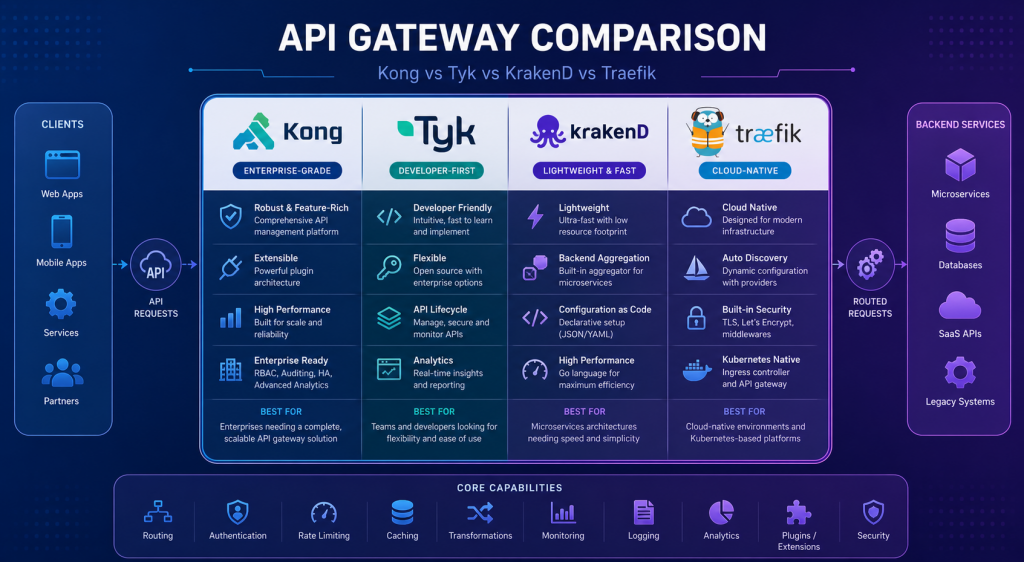 2026 年微服务 API 网关选型指南：Kong vs Tyk vs KrakenD vs Traefik
