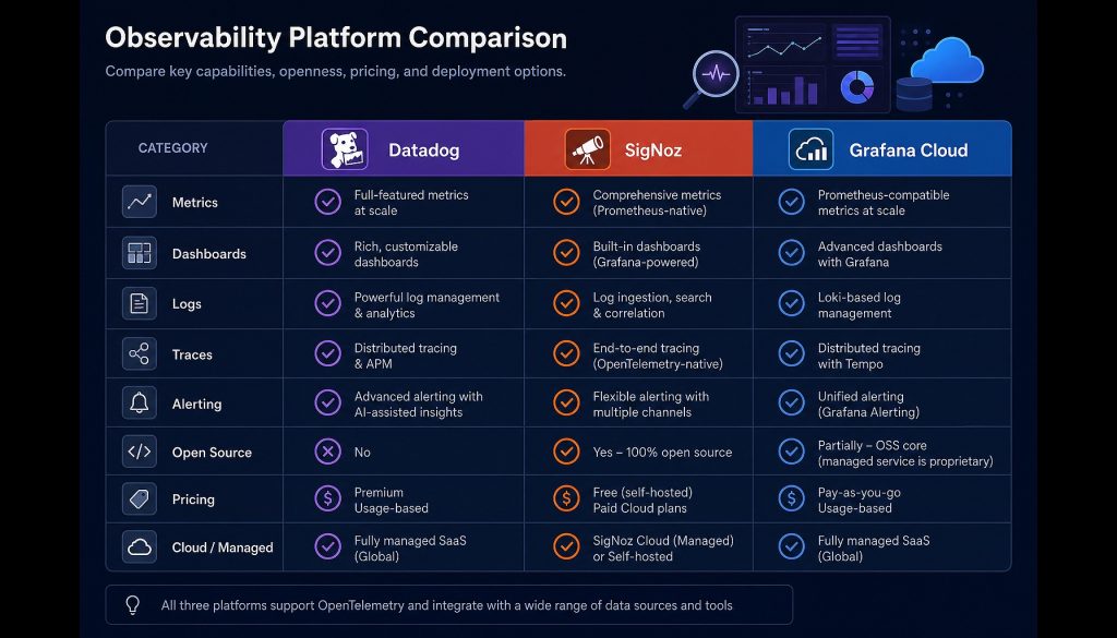 Datadog 可观测性替代品深度对比:SigNoz vs Grafana Cloud vs New Relic vs Better Stack(2026 国内团队视角)