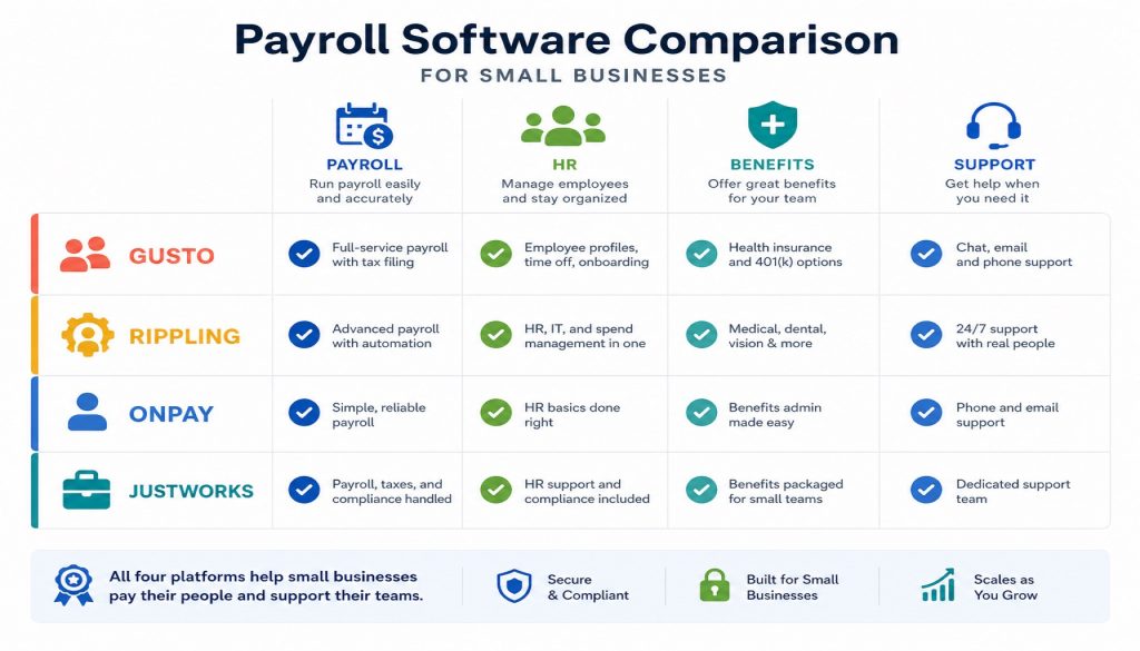 Gusto vs Rippling vs OnPay vs Justworks: Which Payroll Tool Fits Your Team in 2026?