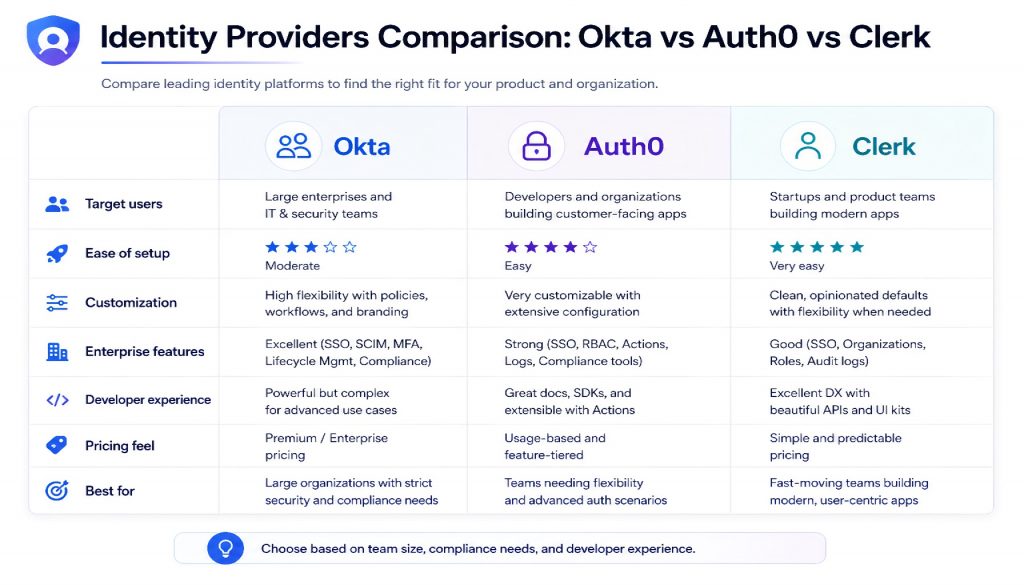Okta vs Auth0 vs Clerk: Identity Providers Compared for 2026