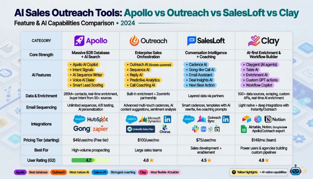 AI Sales Outreach 2026: Apollo vs Outreach vs SalesLoft vs Clay