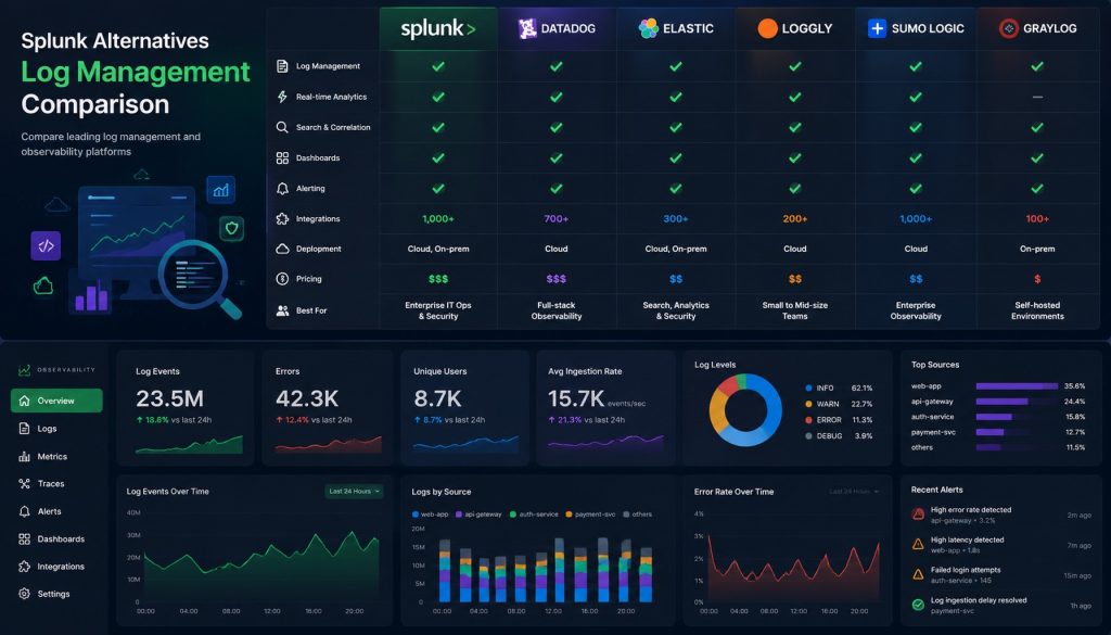 Best Splunk Alternatives in 2026: SigNoz, Elastic, Grafana Loki, Better Stack, Axiom Compared
