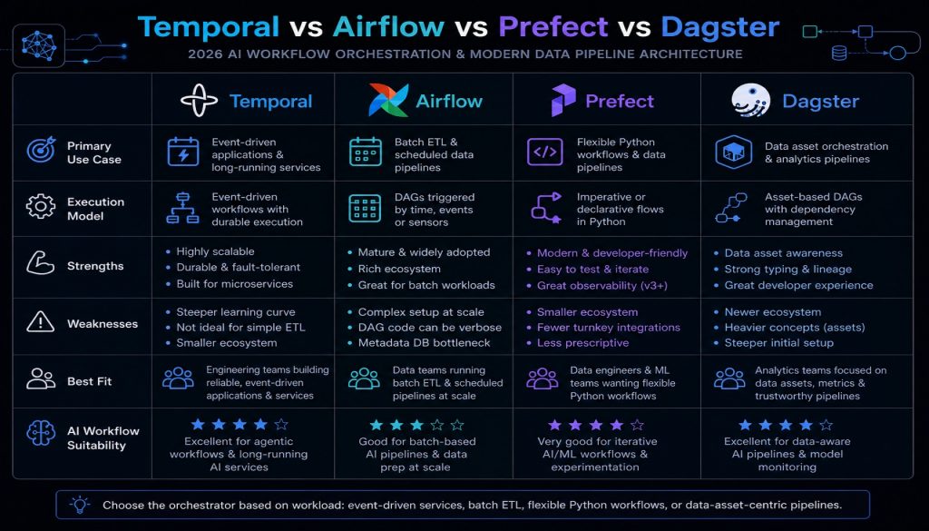 2026 年 AI 工作流编排工具深度对比：Temporal vs Airflow vs Prefect vs Dagster，谁更适合你的团队？
