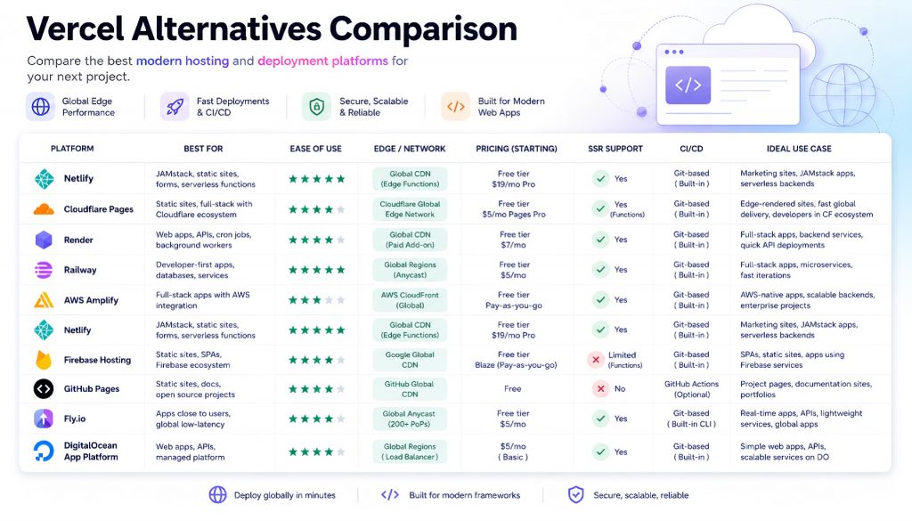 Vercel Alternatives in 2026: Netlify, Cloudflare Pages, Railway